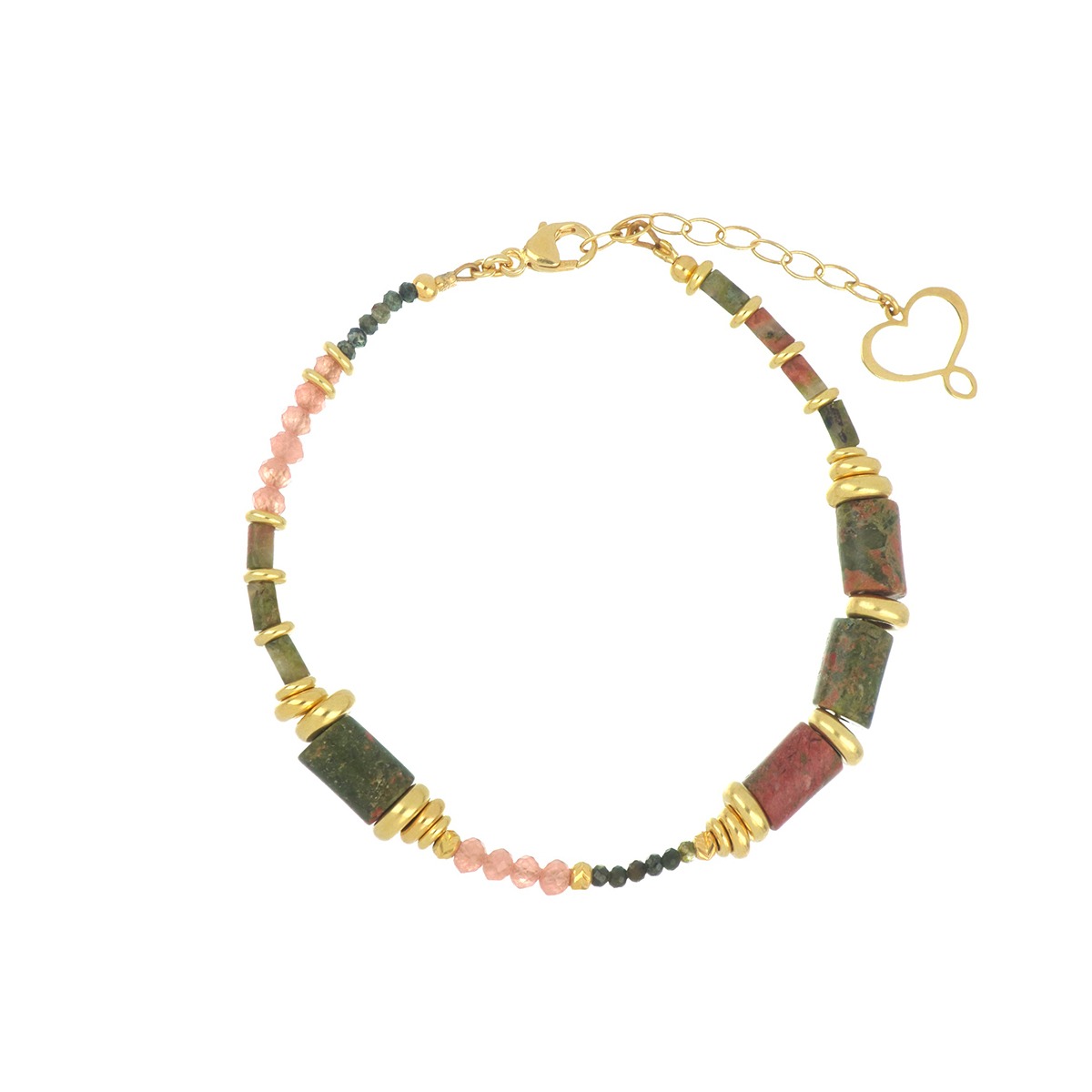 BRACCIALE PIETRE CON UNAKITE, RODOCROSITE E DIOPSITE