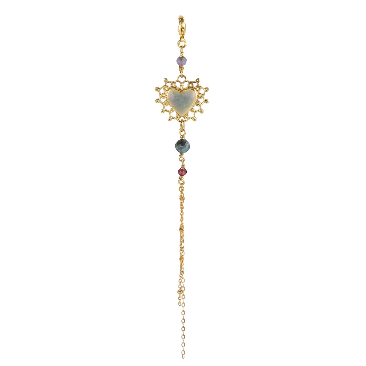 COMPONENTE CON CUORE SACRO SMALTATO, TANZANITE, ACQUAMARINA, GRANATO