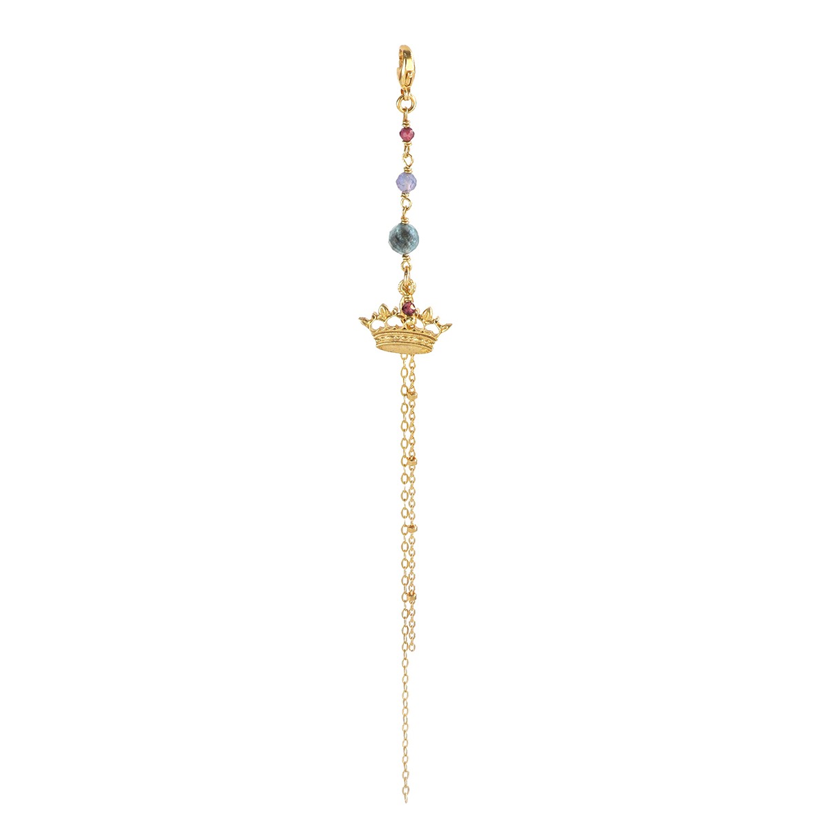 COMPONENTE CON CORONA E ACQUAMARINA, TANZANITE E GRANATO PENDENTI